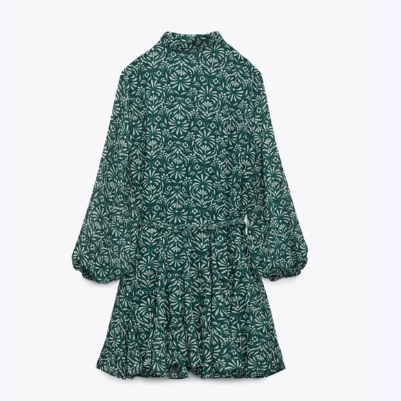 NWT Zara Green Printed Button Down Dress Braided Self Belt Elastic Sleeves LARGE - Picture 4 of 15